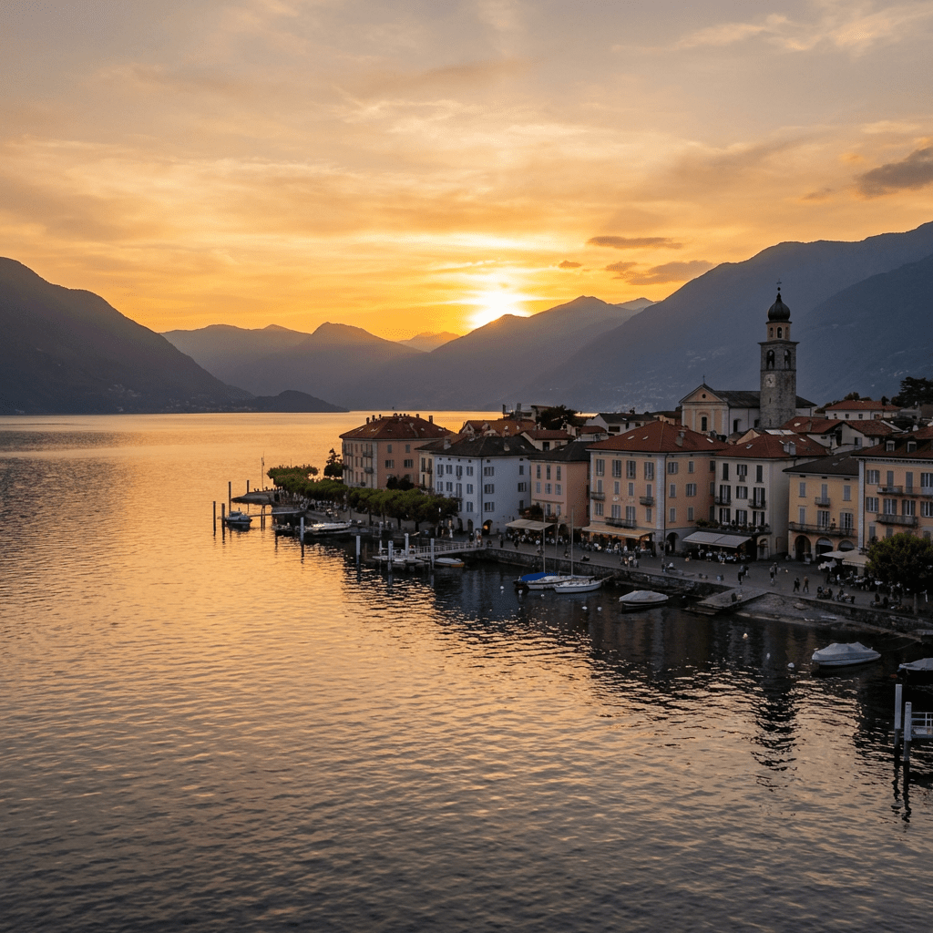 Picturesque lakeside town at sunset with mountain silhouettes in the background.