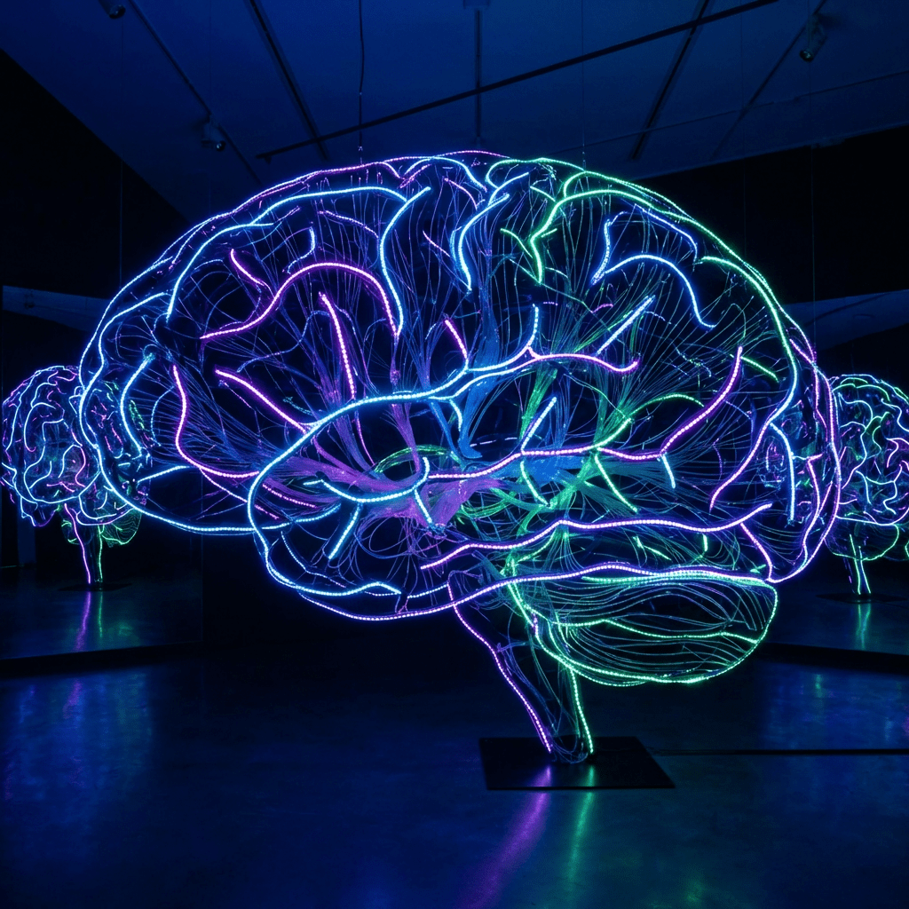 Large neon sculpture of a human brain with glowing blue, purple, and green neural pathways.