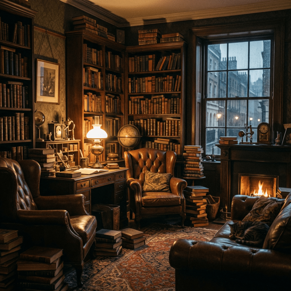A cozy study filled with bookshelves, leather chairs, and a lit fireplace.