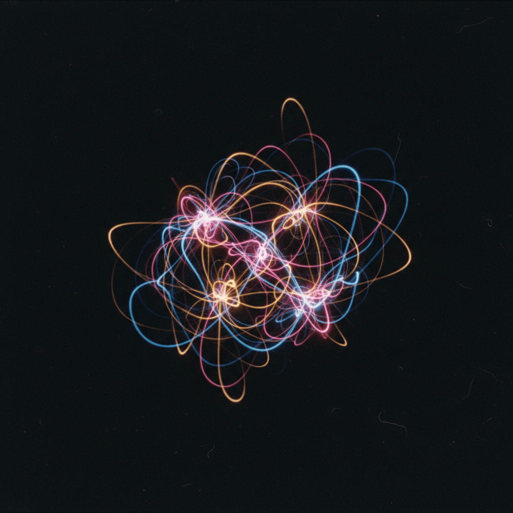 Abstract web of intertwined pink, blue, and yellow glowing light trails against a black background.