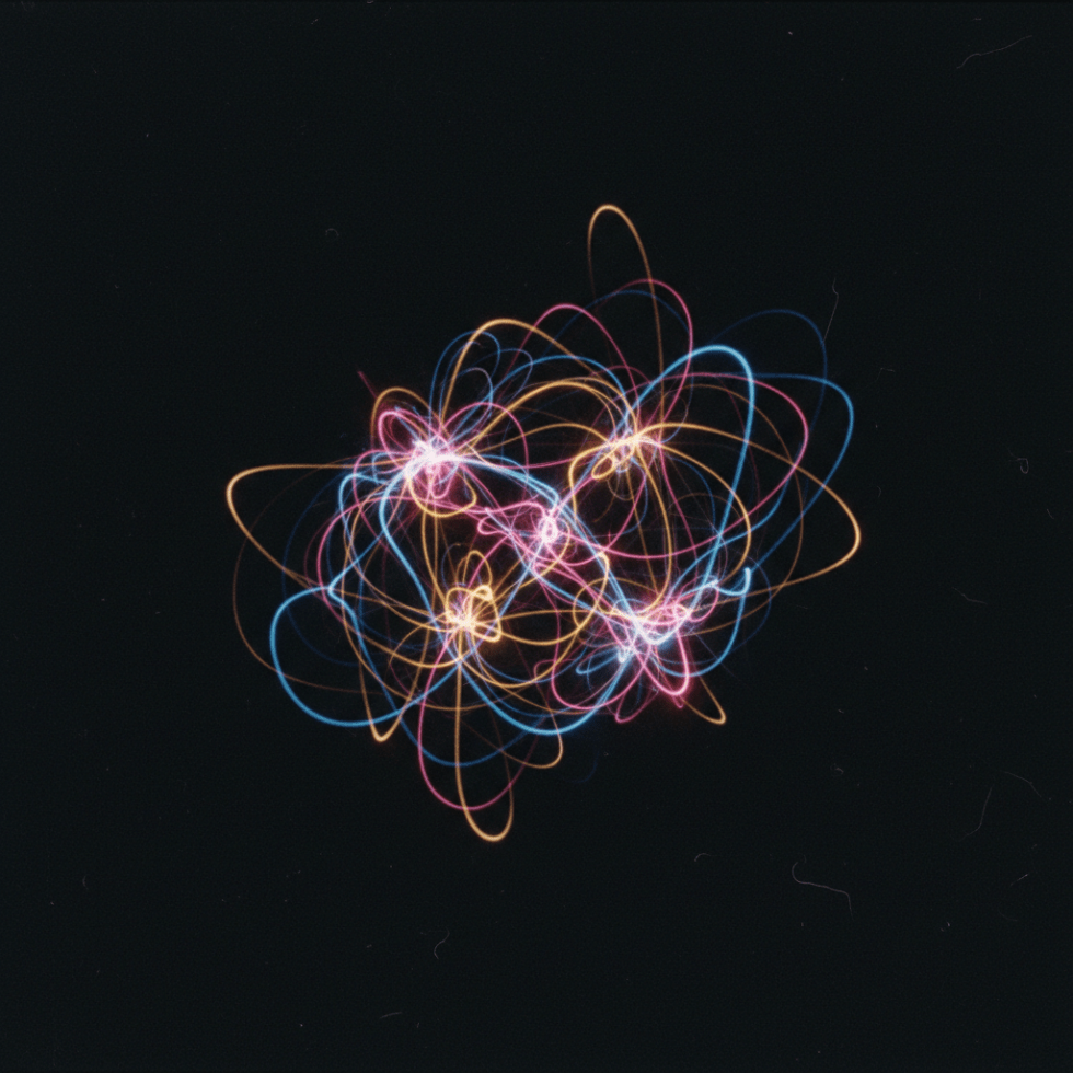 Abstract web of intertwined pink, blue, and yellow glowing light trails against a black background.