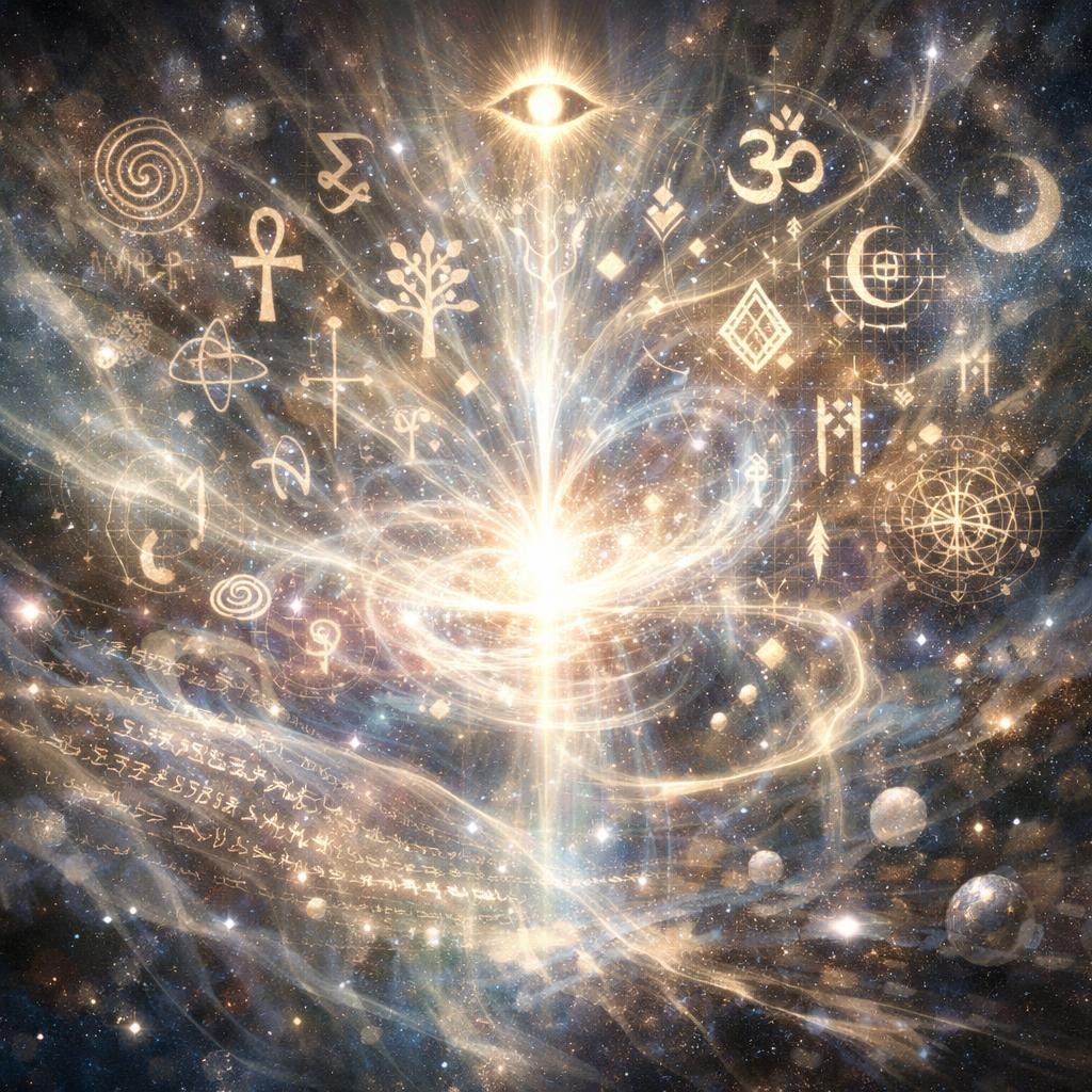 Glowing cosmic scene with spiritual and ancient symbols around a radiant central light