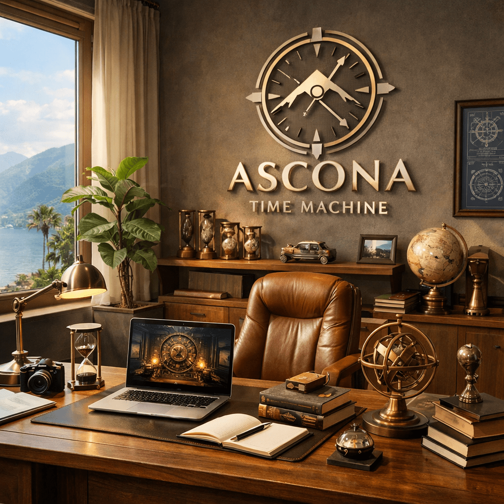 Office desk with leather chair, laptop showing time machine, vintage globes, hourglass, books, and a window overlooking a lake and mountains