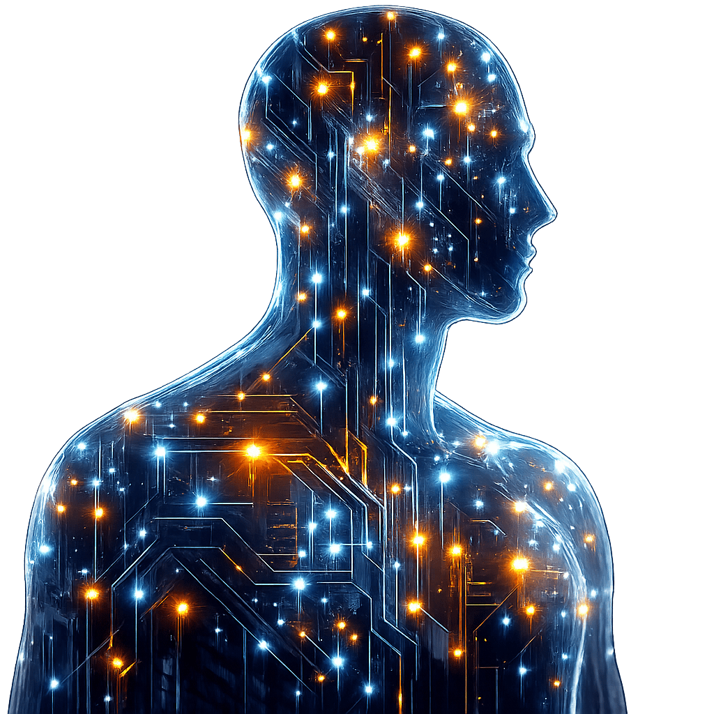 Silhouette of a human figure with glowing circuit patterns in blue and orange light