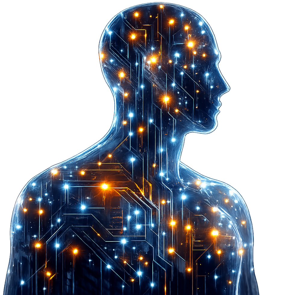 Silhouette of a human figure with glowing circuit patterns in blue and orange light