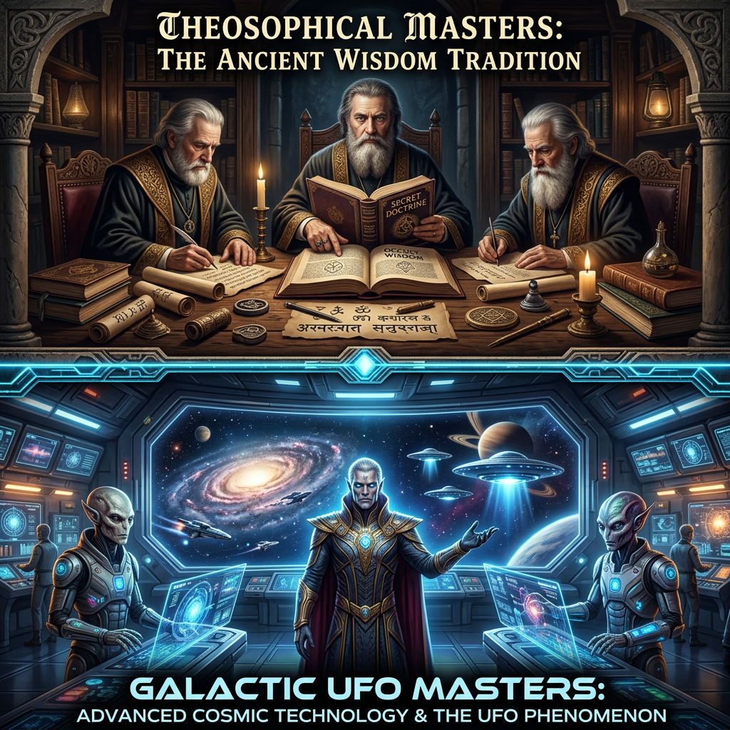 Three elderly scholars studying ancient texts and symbols contrasted with futuristic alien beings operating advanced technology in a spaceship