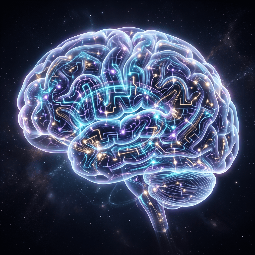 Glowing neural pathways and electric impulses inside a transparent human brain