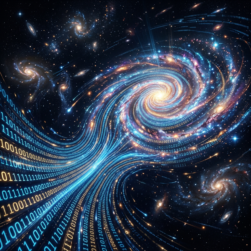 Spiral galaxy with swirling binary code streams in space