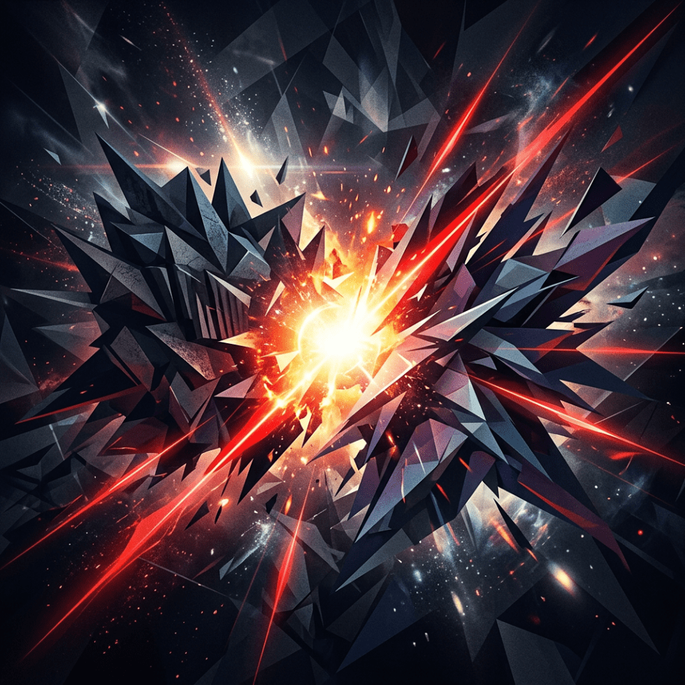 Two angular abstract black and gray forms colliding with bright red and orange energy bursts
