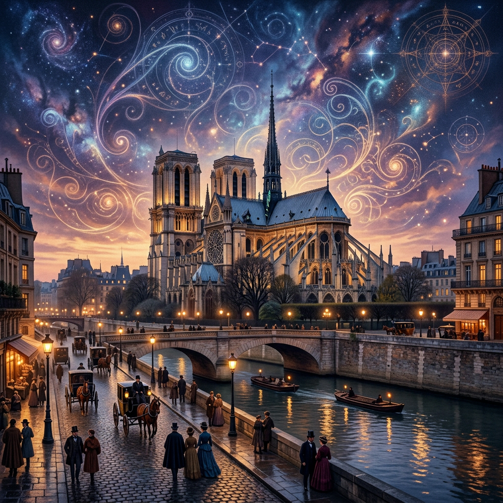 Notre Dame Cathedral at twilight with mystical celestial swirls in the sky