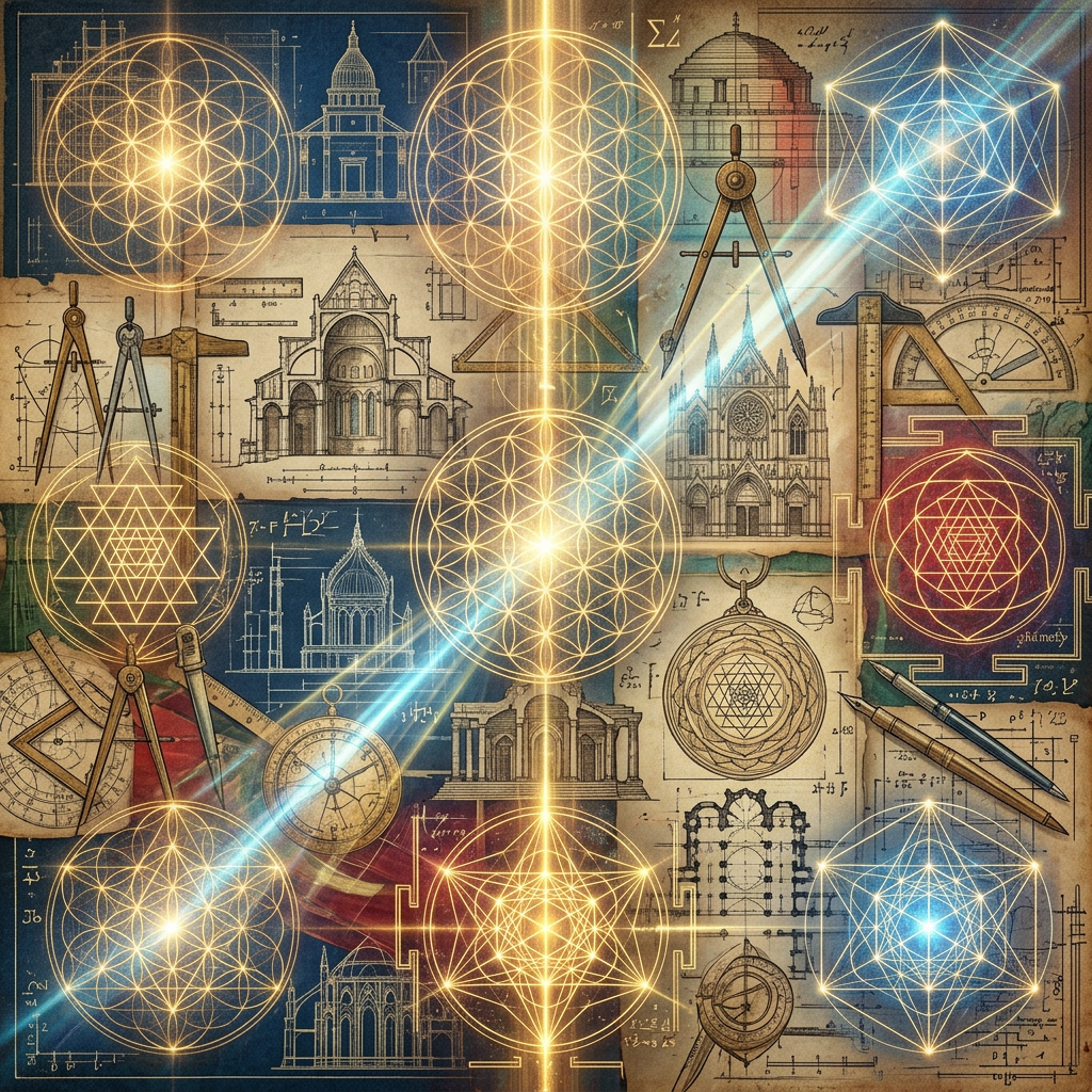 Layered collage architecture instruments diagrams sacred geometry light